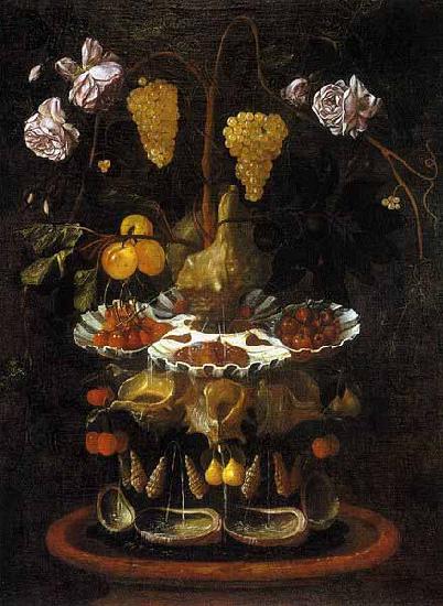 Juan de Espinosa A fountain of grape vines, roses and apples in a conch shell